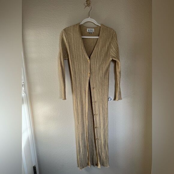 Vintage Metallic Ribbed Cardigan Dress Button Down Sz‎ Small Gold Long/Midi - Picture 2 of 6